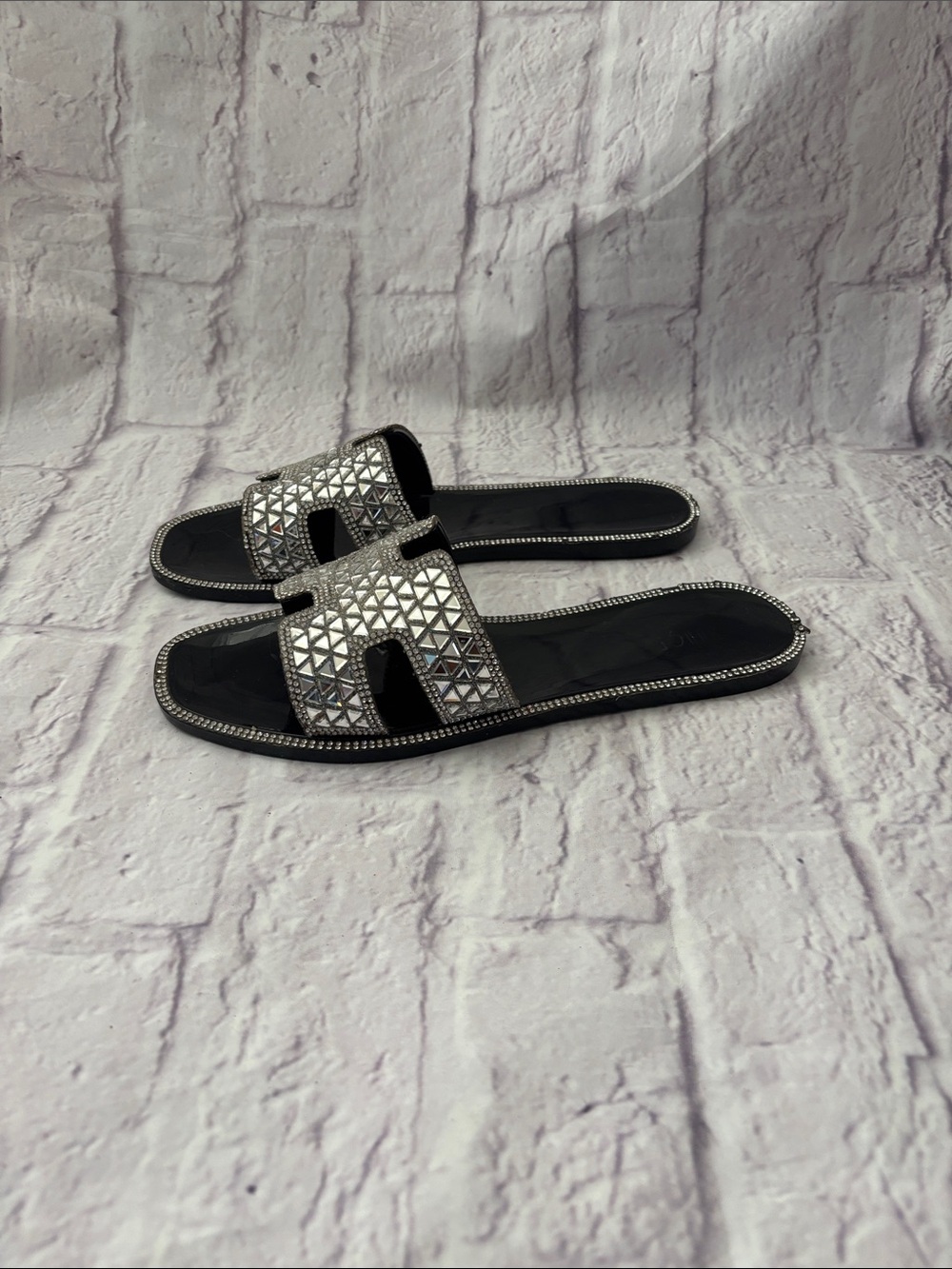 🔵H- ROUGE Black Slide Sandals with Rhinestone Trim - Picture 8 of 12